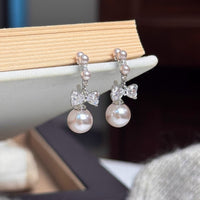 S925 silver needle manta rose pearl bow pendant earrings