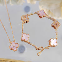 Diamond-studded pink Fritillaria four-leaf clover flower bracelet necklace earrings set