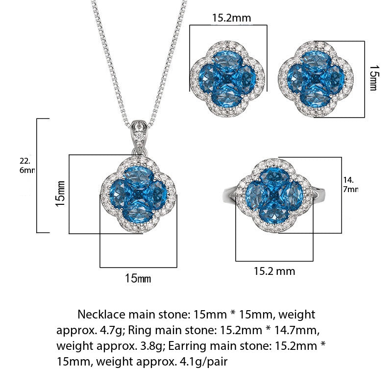 Blue spinel crystal four-leaf clover necklace ring earrings set
