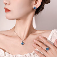 Blue spinel crystal four-leaf clover necklace ring earrings set