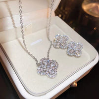 S999 sterling silver flash diamond four-leaf clover necklace earrings set