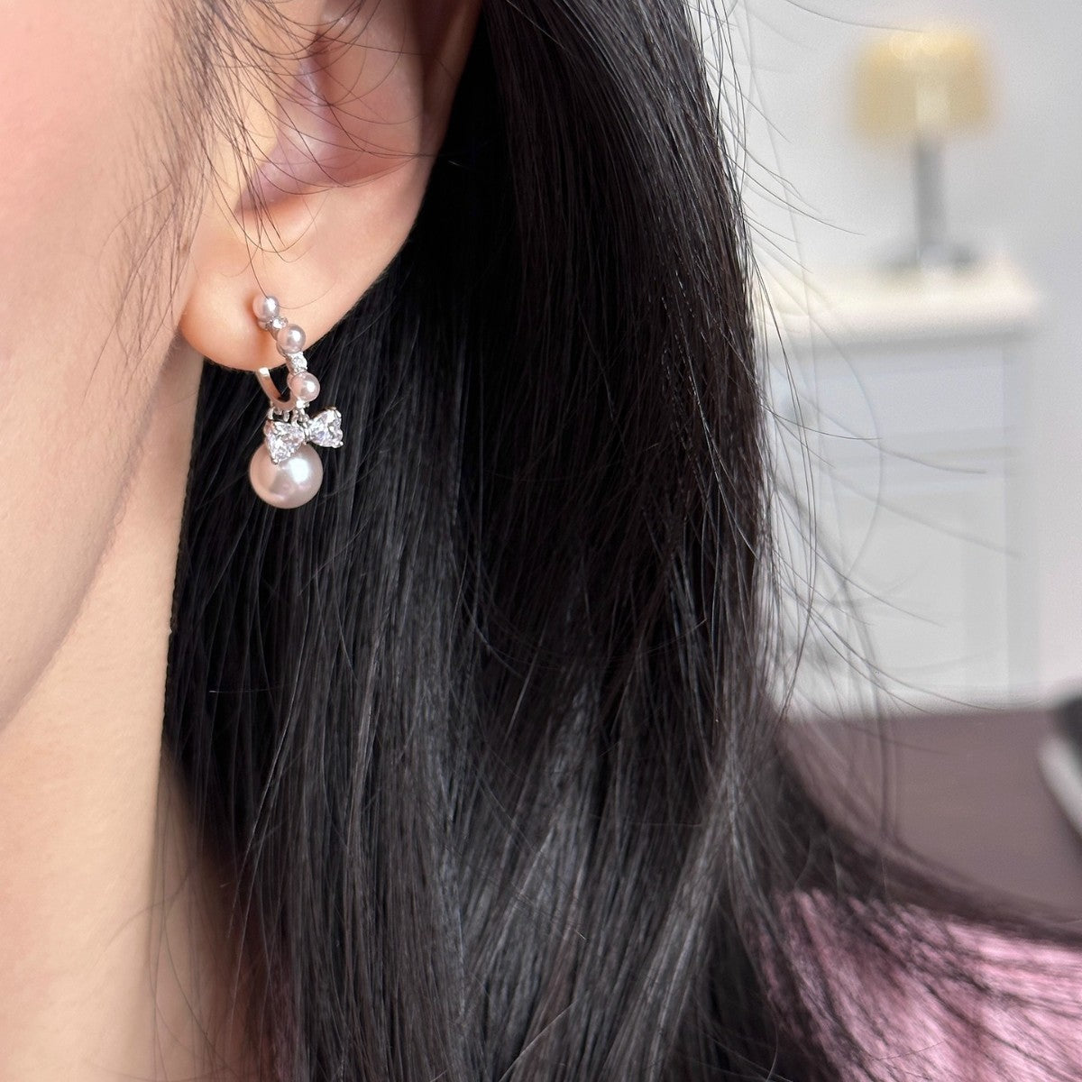 S925 silver needle manta rose pearl bow pendant earrings
