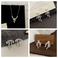 Bow openwork lace thick silver beaded pendant necklace  earrings set