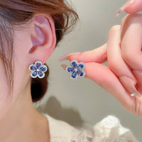 Silver needle micro-inlaid zircon blue flower earring necklace set