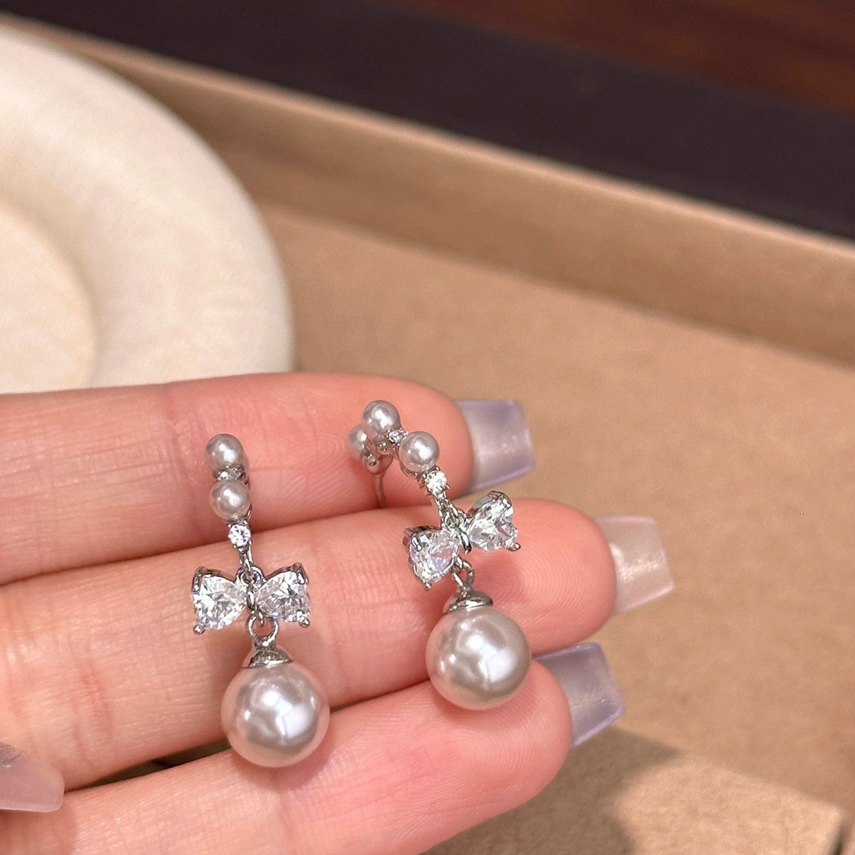 S925 silver needle manta rose pearl bow pendant earrings
