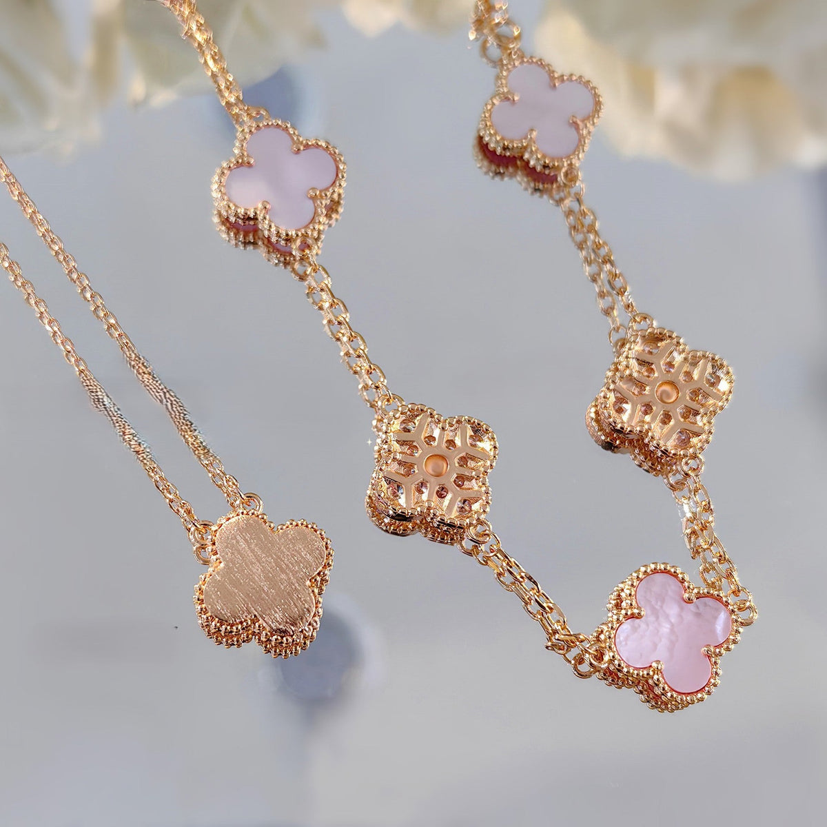 Diamond-studded pink Fritillaria four-leaf clover flower bracelet necklace earrings set