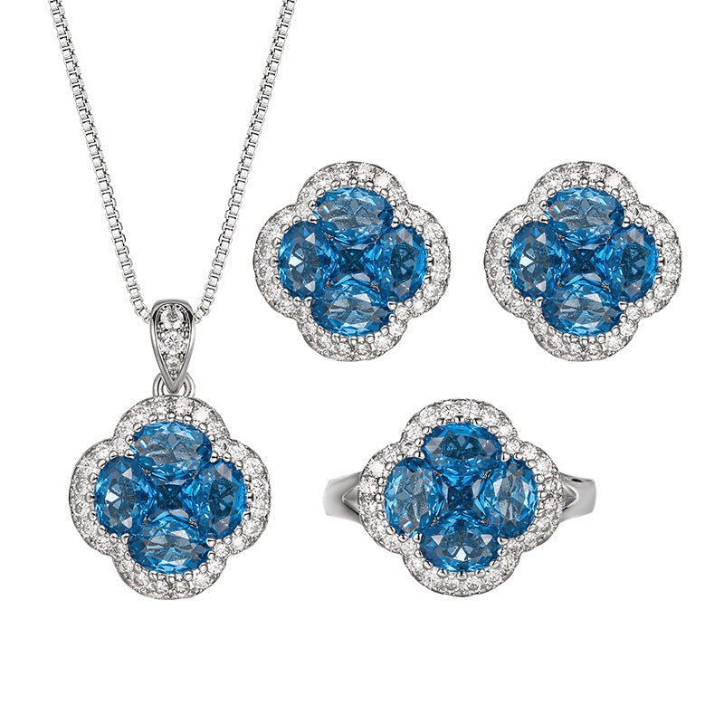 Blue spinel crystal four-leaf clover necklace ring earrings set