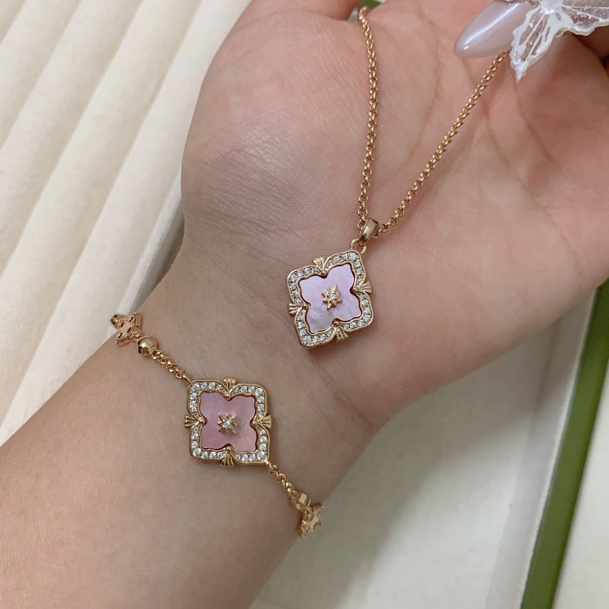 Natural Fritillaria pink clover necklace bracelet ring earrings set