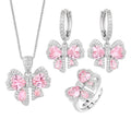 Pink diamond zircon bow earrings ring necklace set