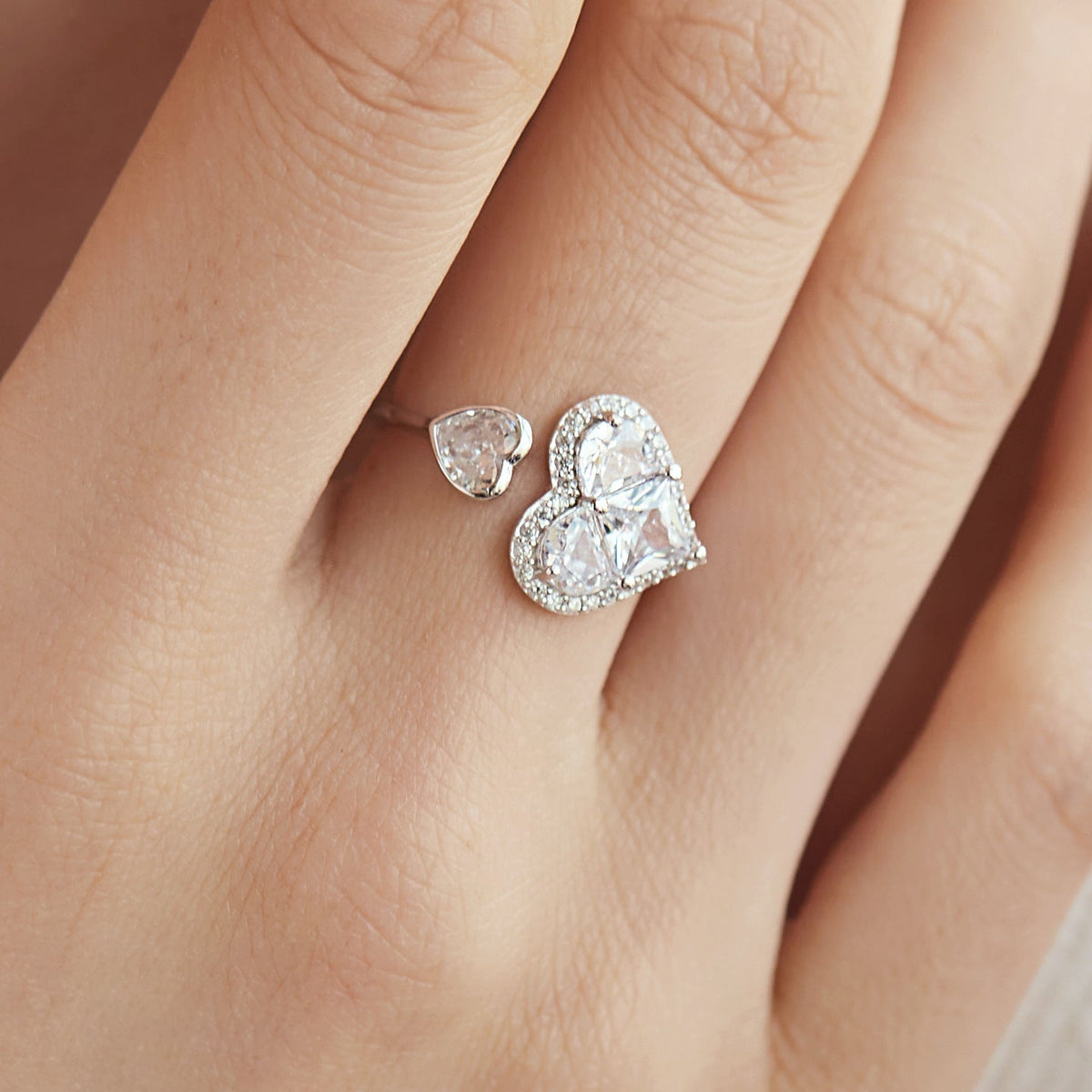 S925 Silver HEART DUO ADJUSTABLE RING