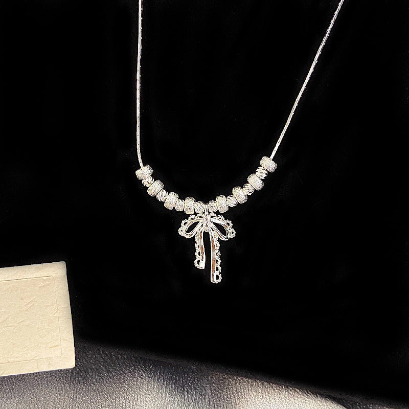 Bow openwork lace thick silver beaded pendant necklace  earrings set