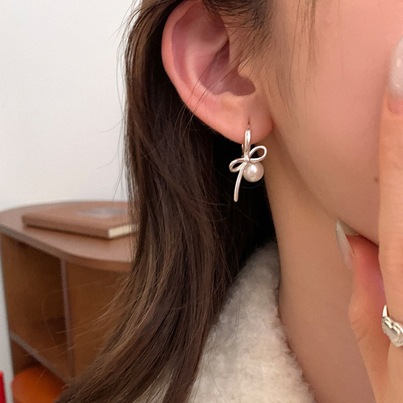 925 silver needle plated with real gold Bow Pearl Earrings