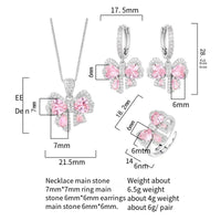 Pink diamond zircon bow earrings ring necklace set