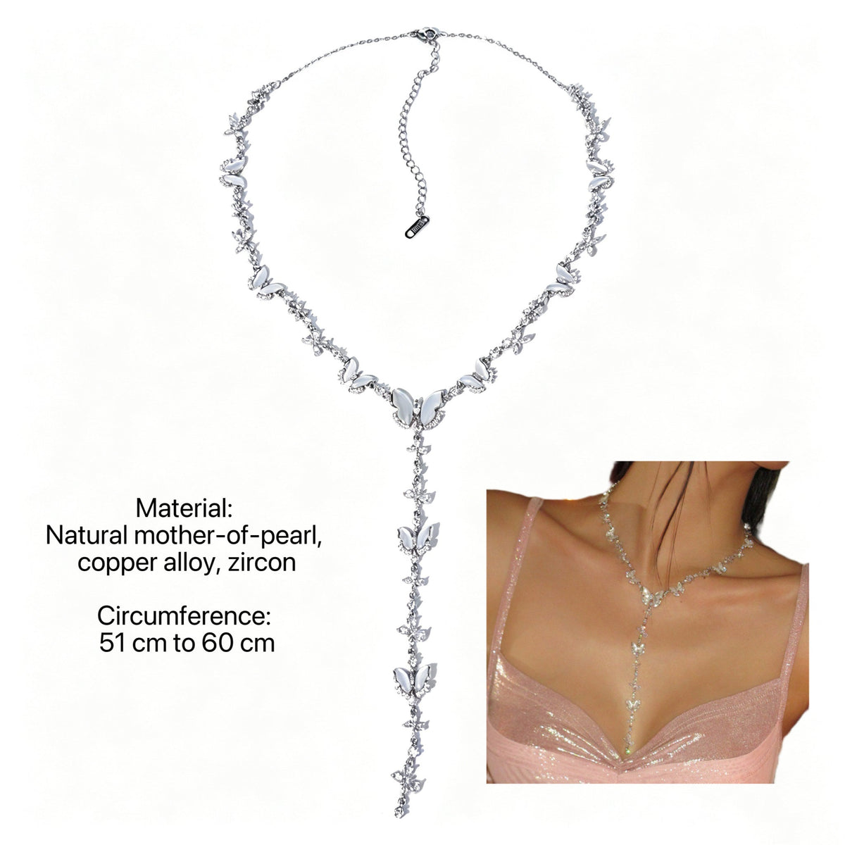 Natural Mother-of-Pearl & Zircon Butterfly Necklace and Earrings