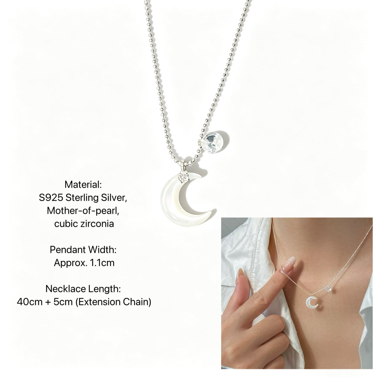 S925 sterling silver white diamond shell moon necklace