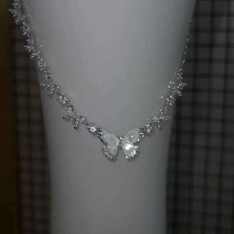 Natural Mother-of-Pearl & Zircon Butterfly Necklace and Earrings