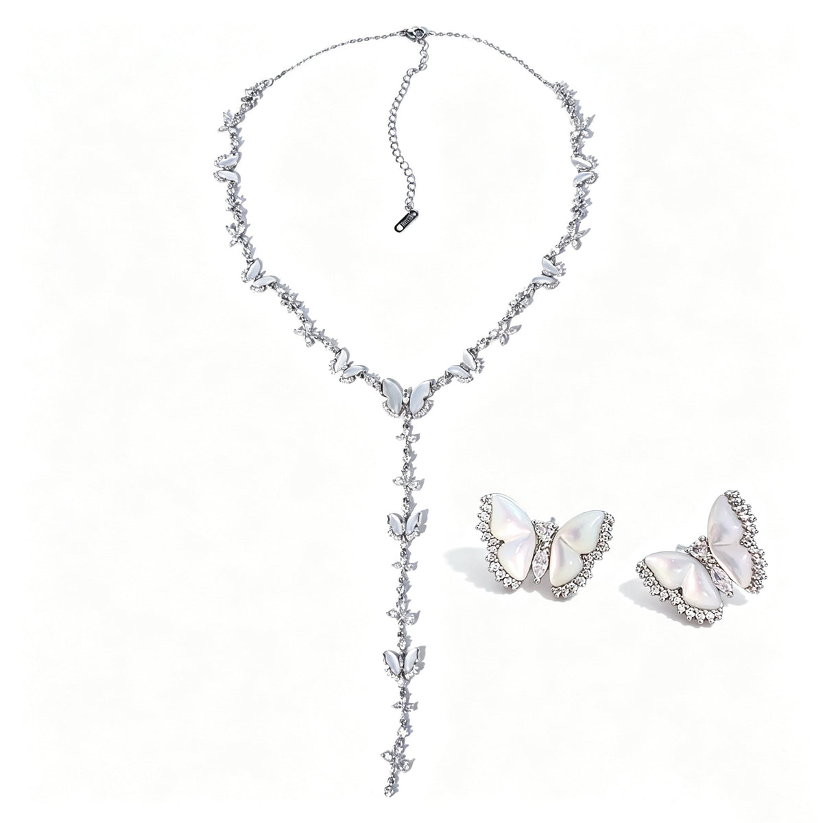 Natural Mother-of-Pearl & Zircon Butterfly Necklace and Earrings