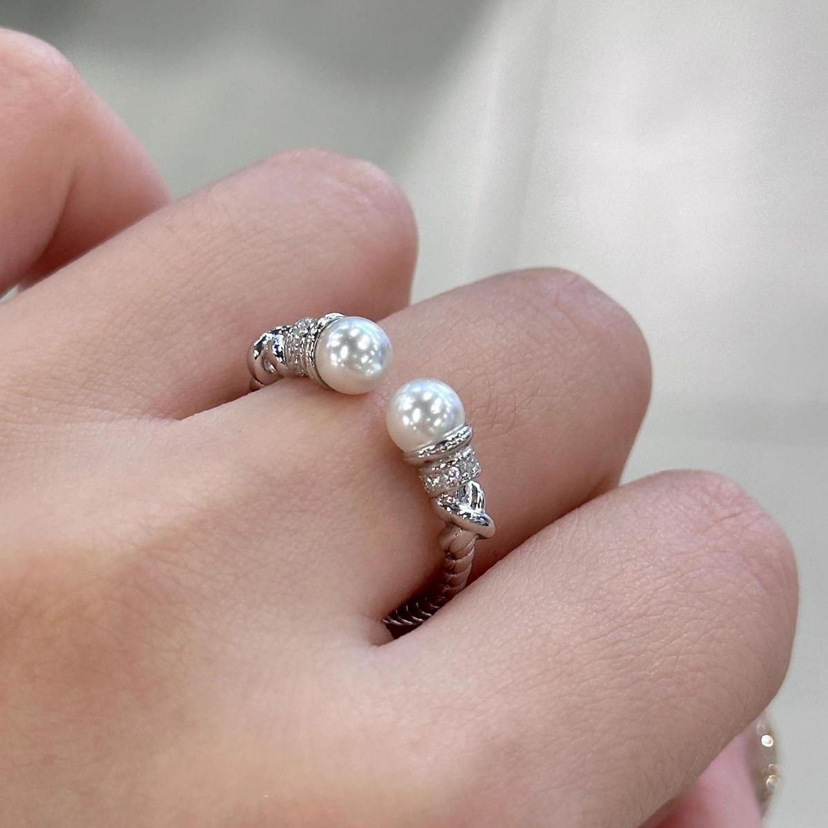 S925 sterling silver Fried Dough Twists pearl ring Swarovski pearl opening adjustable