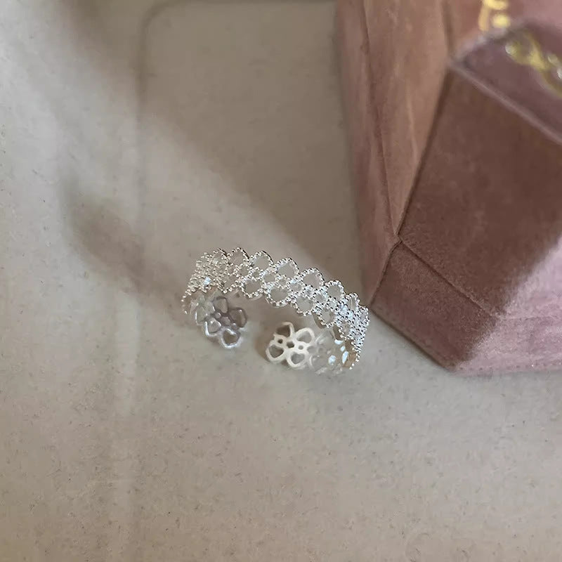 S925 pure silver brushed heart lace lace open ring