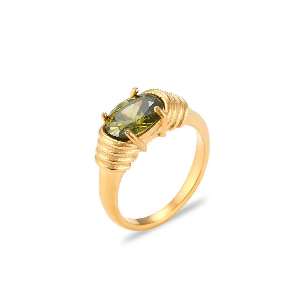 Stainless Steel Waterproof 3A Winding Pattern Oval Zircon Ring